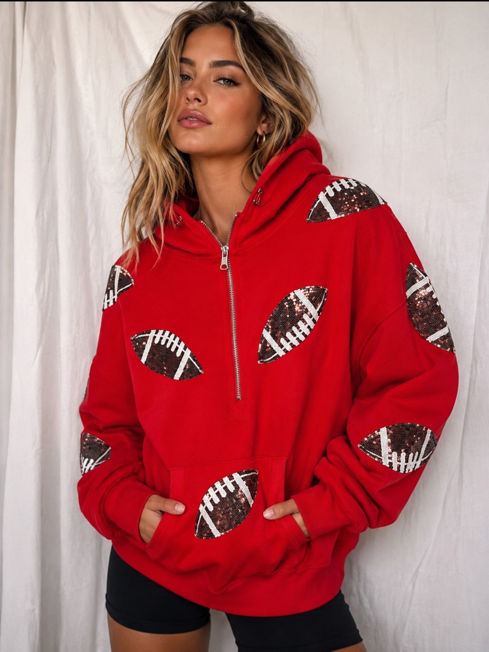 Red Football Graphic Half‑Zip Hoodie